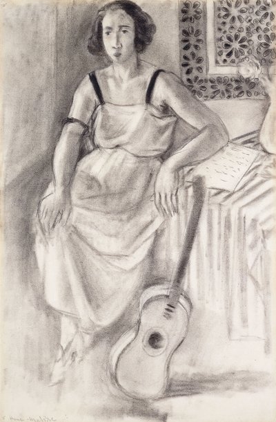 Nainen istuu kitaran kanssa, noin 1921-23 (hiili paperille). tekijältä Henri Matisse