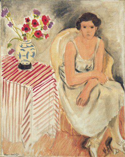 Nainen tuolilla - Kukkia pöydällä, tai neilikoita. tekijältä Henri Matisse