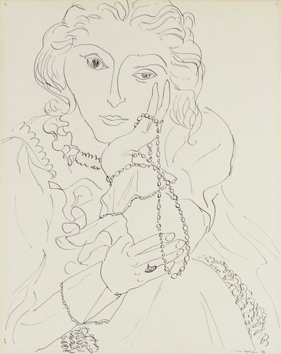 Nainen, jolla on röyhelöinen paita ja helmi kaulakoru tekijältä Henri Matisse