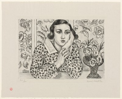 Kukkakuvioiseen sermiinsä nojaava nuori tyttö tekijältä Henri Matisse