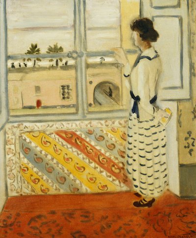 Nuori nainen ikkunan ääressä, sininen raidallinen mekko tekijältä Henri Matisse