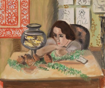 Nuori nainen akvaarion edessä (Jeune fille devant un aquarium) tekijältä Henri Matisse