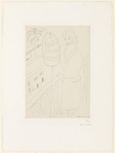 Nuori nainen parvekkeella katselemassa papukaijoja tekijältä Henri Matisse