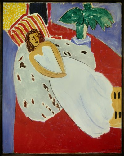 jeune fille en blanc fond rouge 1946 (öljy kankaalle) tekijältä Henri Matisse