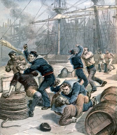 Englantilaisten ja saksalaisten merimiesten tappelu Millwall Docksissa Lontoossa, 1892 tekijältä Henri Meyer