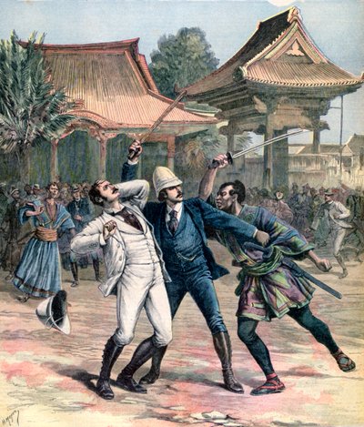 Venäjän Tsarevitš Nikolauksen epäonnistunut salamurha, Otsu, Japani, 1891 tekijältä Henri Meyer