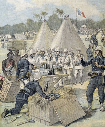 Uudenvuodenlahjat sotilaille Dahomeyssa (nykyisin Benin) - "" Le Petity Journal" -lehdessä 31.12.1892 tekijältä Henri Meyer