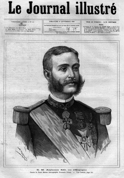Espanjalaisen Alfonso XII:n (Alphonse XII) (1857-1885), Espanjan kuninkaan muotokuva - "Kuvallisen päiväkirjan" kansisivu vuodelta 1883 - Henri Meyerin (1844-1899) piirustus tekijältä Henri Meyer