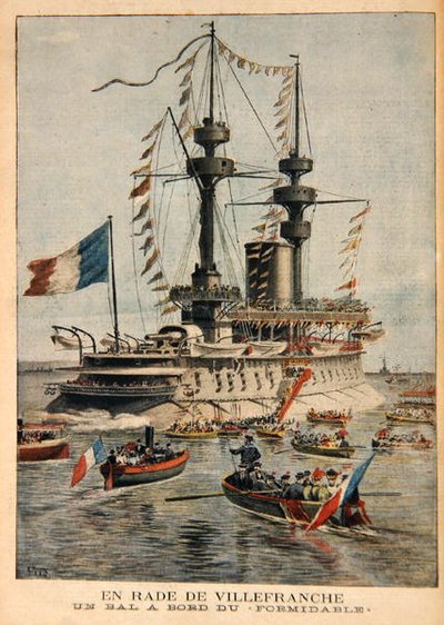 Villefranche Harbour, pallo Formidable-aluksella, kuvitus Le Petit Journalista, kaivertanut P.H.G.V. Michel, 1. maaliskuuta 1896 tekijältä Henri Meyer