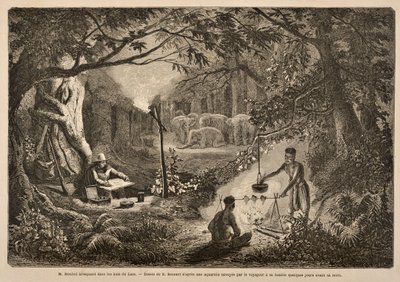 Henri Mouhot Camping in the Jungles of Laos, kuvitus M. Henri Mouhotin teoksesta "Matkat Indo-Kiinan (Siam), Kambodžan ja Laosin keskiosissa vuosina 1858, 1859 ja 1860" tekijältä Henri Mouhot