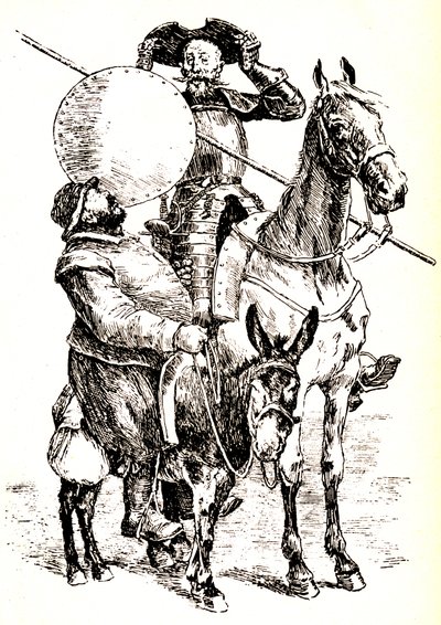 Don Quijote hevosensa selässä, vieressä Sancho aasinsa selässä... tekijältä Henri Pille