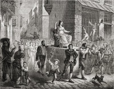 Järjen jumalattaren kulkue, 10. marraskuuta 1793, Louis Blancin (1811-82) "Histoire de la Revolution Francaisesta" kaivertanut Meyer-Heine, 1847-62 tekijältä Henri Renaud