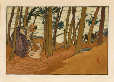 Nainen kerää männyn neuloja (Bords du Trieux, Loguivy) tekijältä Henri Rivière
