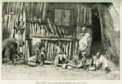 Abessiinisepät. Thiriatin kaiverrus valokuvan jälkeen havainnollistamaan tarinaa Voyage au Choa (Abyssinie meridionale) tekijältä Henri Thiriat