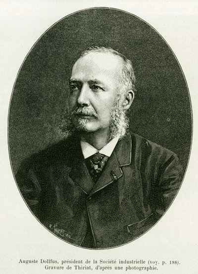 Auguste Dollfus, teollisuusyrityksen Dollfus Mieg toimitusjohtaja. Thiriatin kaiverrus havainnollistamaan tarinaa A läpi Elsassin ja Lorraine, Charles Grad, saksalainen deputer, vuonna 1885, tour du monde 1886, Edouard Chartonin (1807) johdolla. tekijältä Henri Thiriat
