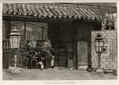 Kuningas Dong Khanh (1864-1889) Annamin keisari, koti keisarillisessa Huen kaupungissa (Vietnam). Thiriatin kaiverrus havainnollistamaan tohtori Charles Edouard Hocquardin (1853-1911) tarinaa "" Trente mois au Tonkin"" vuonna 1885 julkaisussa Le tour du mo tekijältä Henri Thiriat