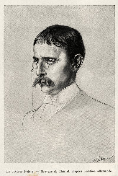Tohtori Carl Petersin (1856-1918) saksalaisen tutkimusmatkailijan muotokuva. Thiriatin kaiverrus havainnollistamaan tohtori Petersin (1856-1918) tarinaa "Au secours d