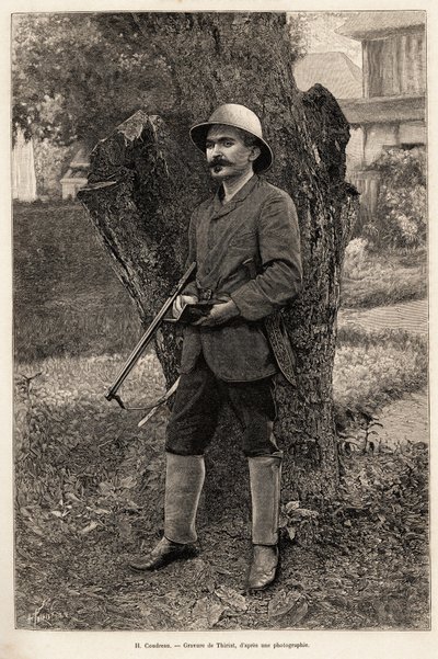 Muotokuva Henri Coudreausta (1859-1899), maantieteen professorista ja Amazonin tutkimusmatkailijasta (Brasilia). Thiriatin kaiverrus havainnollistamaan tarinaa "" intiaaniemme keskuudessa, neljä vuotta matkaa Ranskan Guyanassa" tekijältä Henri Thiriat