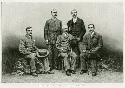 Henry Morton Stanleyn (John Rowlands 1841-1904) muotokuva ympäröi hänen upseerinsa vasemmalta: tohtori Thomas Heazle Parke (1857-93), Robert H. Nelson, William G. Stairs ja Arthur J. M. Jephson. Thiriatin kaiverrus havainnollistamaan tarinaa Dans les teneb tekijältä Henri Thiriat