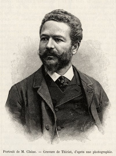 Muotokuva Jules Clainesta (1856-1939), tutkimusmatkailija ja diplomaatti, tarinan kirjoittaja. Thiriatin kaiverrus havainnollistamaan tarinaa "" yksi vuosi Malesiassa"", kirjoittanut Jules Claine (1856-1939) tekijältä Henri Thiriat