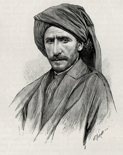 Muotokuva sheikki Mooseksesta, Arabistanin (tai Arabian niemimaan) voimakkaimmasta heimojohtajasta. Thiriatin kaiverrus havainnollistamaan tarinaa "" Persia, Kaldea ja Susiane"" tekijältä Henri Thiriat