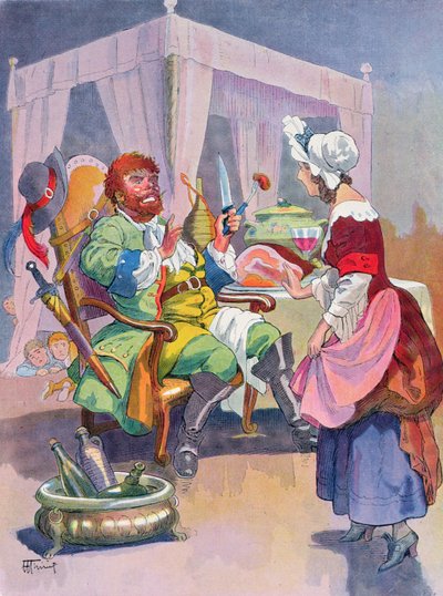 Ogre tuoksuu tuoreelta ihmislihalta, kuva Perraultin satulle "Tom Thumb" ("Le Petit Poucet"), 1900-luvun alku (värilitho) tekijältä Henri Thiriet