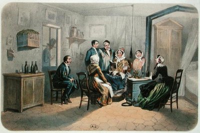 Concierge lukemassa, 2. vuosisadan puoliväli 1800-luvulla (värilitografia). tekijältä Henri de (after) Montaut