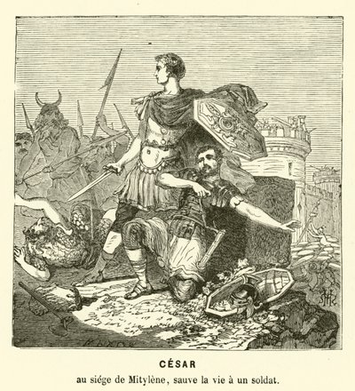 Julius Caesar pelasti sotilaan hengen Mytilenen piirityksessä, Lesbos, Kreikka, 81 eKr. (kaiverrus) tekijältä Henri de (after) Montaut
