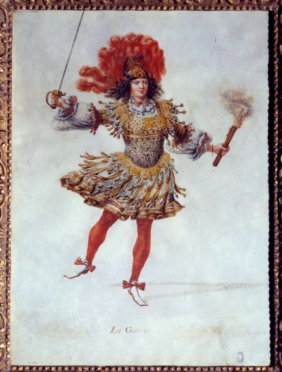 Sodan puku, jossa toisella kädellä on taskulamppu ja toisella miekka Carlo Capriolin (tai Caproli) del Violinon baletissa "" Les noces de Pelee et Thetis"" (Le Nozze di Peleo et di Teti). 26.1.1654 Peer Bourbonissa. Sodan rooli tekijältä Henri de Gissey