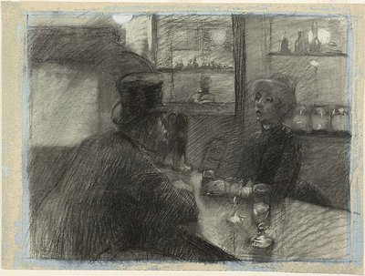 Rue de Rome -kahvilan baari, n. 1886 (hiili ja valkoinen liitu sinisellä kudospaperilla) tekijältä Henri de Toulouse Lautrec