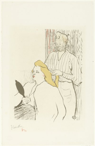 Kampaaja kampaa istuvan naisen hiuksia peili kädessään Coiffeur Program du Théâtre Libre tekijältä Henri de Toulouse Lautrec (signed by artist)