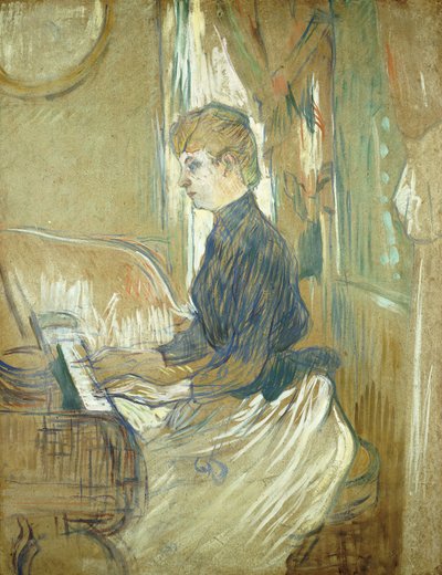 Pianon ääressä Madame Juliette Pascal Chateau de Malromen salissa; Pianon ääressä, rouva Juliette Pascal Chateau de Malromen salissa, 1896 tekijältä Henri de Toulouse Lautrec