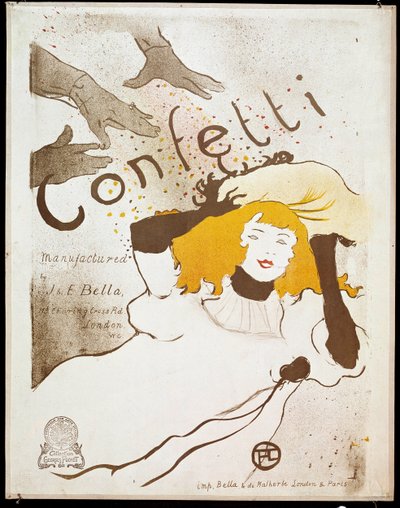 Konfetti: kädet heittävät konfettiranteita keltahiuksiselle naiselle. Henri de Toulouse-Lautrecin (1864-1901) juliste. Himmeä. 0,54 x 0,39. 1893. Albi, Musee Toulouse Lautrec tekijältä Henri de Toulouse Lautrec