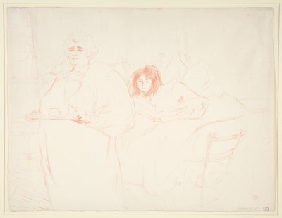 Nainen tarjottimen kanssa, Aamiainen, Madame Baron ja Mademoiselle Popo (Nainen tarjottimella, Aamiainen, Madame Baron ja Mademoiselle Popo), sarjasta Elles tekijältä Henri de Toulouse Lautrec