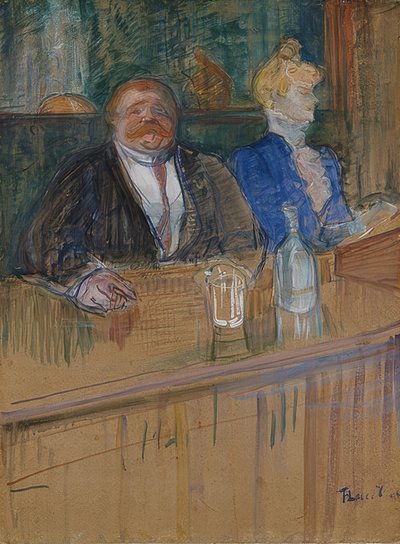Kahvilassa. Pomo ja valkaistu kassa. (Au café: le patron et la caissière chlorotique). 1898 tekijältä Henri de Toulouse Lautrec