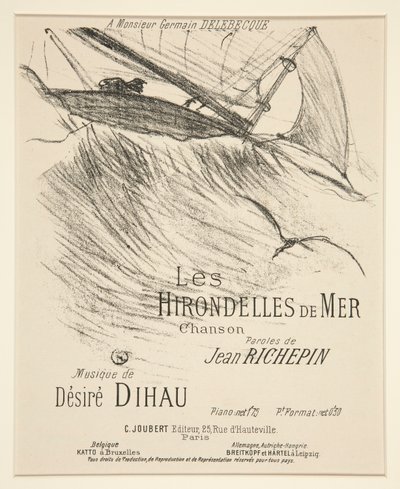 LES HIRONDELLES DE MER - Kansilehti painetulle musiikkisävellykselle (Richepinin runo Dihaun sävellyksellä) tekijältä Henri de Toulouse-Lautrec