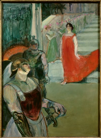 Messaline menee alas portaikkoa, jota reunustavat extrat Isidore de Laran Opera "" Messaline"". Henri Toulouse Lautrecin (1864-1901) maalaus 1900-luvun aurinko. 0,99 x 0,72 m Los Angeles. County Museum of Art - Messalina laskeutuu portaita ja extrat tekijältä Henri de Toulouse Lautrec