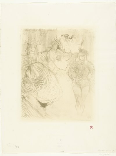 Näyttelijä Marcelle Lenderin muotokuva kumartaen katsojaa kohti Lainanantajan tervehdys tekijältä Henri de Toulouse Lautrec