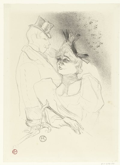 Muotokuva laulaja Marcelle Lenderistä ja koomikko Louis Bouchenezistä eli Baronista esityksen aikana Mademoiselle Lender et Baron tekijältä Henri de Toulouse Lautrec