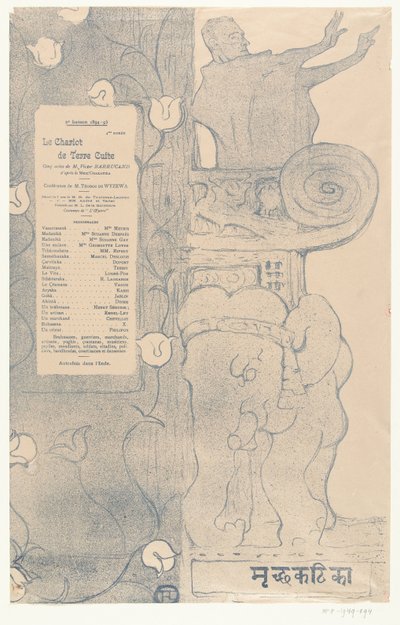 Ohjelma näytelmään Le chariot de terre cuite, jossa näyttelijä Felix Fénéon seisoo parvekkeella intialaisen norsun yläpuolella Ohjelma le chariot de terre cuite tekijältä Henri de Toulouse Lautrec