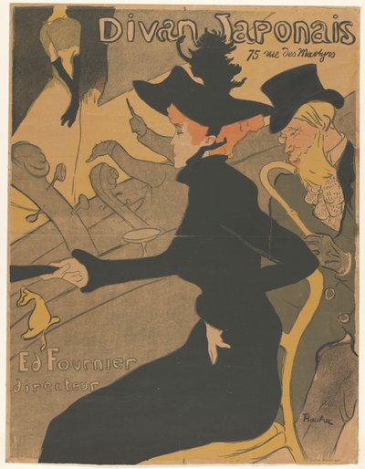 Nainen ja mies yleisössä lauluesityksessä Divan Japonais (otsikko esineessä) tekijältä Henri de Toulouse Lautrec