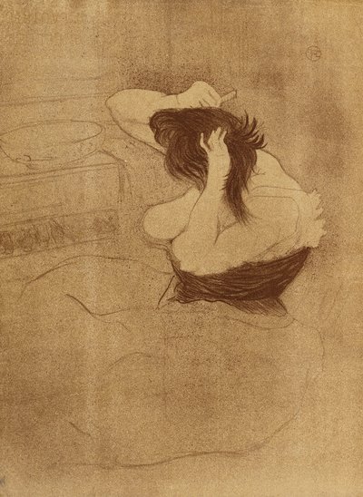 Nainen kampaava hiuksia - La Coiffure, levy VII, Elles; Nainen kampaava hiuksia - kampaus, levy VII, Elles, 1896 tekijältä Henri de Toulouse Lautrec