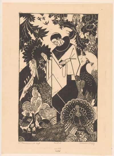 Pyhä Franciscus ja linnut (alkuperäinen nimi esineessä) tekijältä Henri van der Stok (signed by artist)