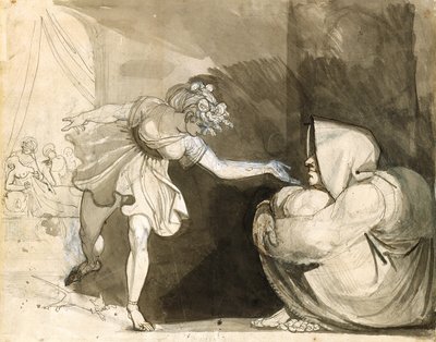 Galinthias päihittää Eileithyian ilmoittamalla Herakleen syntymästä (Verso: Mrs. Fuselin muotokuva) (grafiitin, musteen ja musteen pesut korostettuina valkoisella valkoiselle paperille) tekijältä Henry (1741 1825) Fuseli