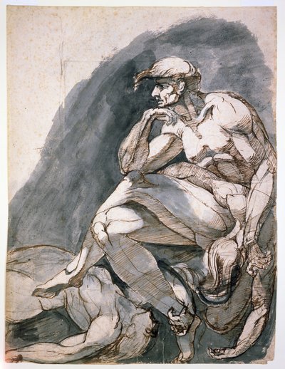 Mies ja kaksi kuollutta naista, noin 1772 (kynä ja ruskea muste, harmaa tussi paperille). tekijältä Henry (1741-1825) Fuseli