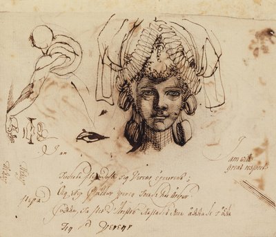 Rouva Fuseli yllään taidokas päähine ja tutkii silmää, suuta ja vartaloa (kynä ja muste) tekijältä Johann Heinrich Füssli