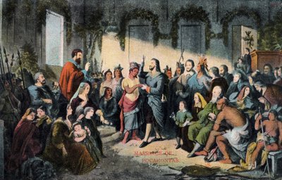 Pocahontasin ja John Rolfen avioliitto Jamestownissa vuonna 1614. tekijältä Henry (after) Brueckner