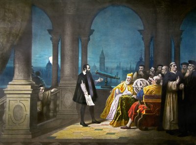 Galileo Galilei esittelee kaukoputkensa Leonardo Donatolle, Venetsian dogille ja senaatille vuonna 1609, noin 1900 (litografia). tekijältä Henry (after) Detouche
