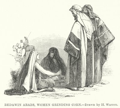 Beduiiniarabit, naiset jauhavat maissia (kaiverrus) tekijältä Henry (after) Warren