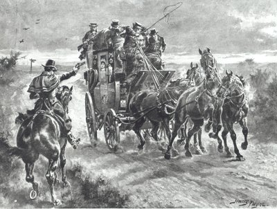 "Stand and Deliver", valtatiemies pitää pystyvaunua 1800-luvun alussa (litho) tekijältä Henry A. Payne